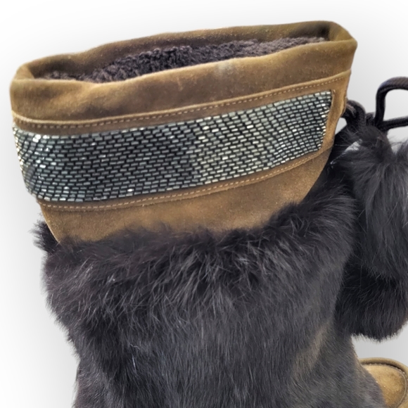 COACH Maryann Rabbit Fur Suede Boots Brown Beaded Trim Pom Pom Ties 8 - Picture 8 of 11